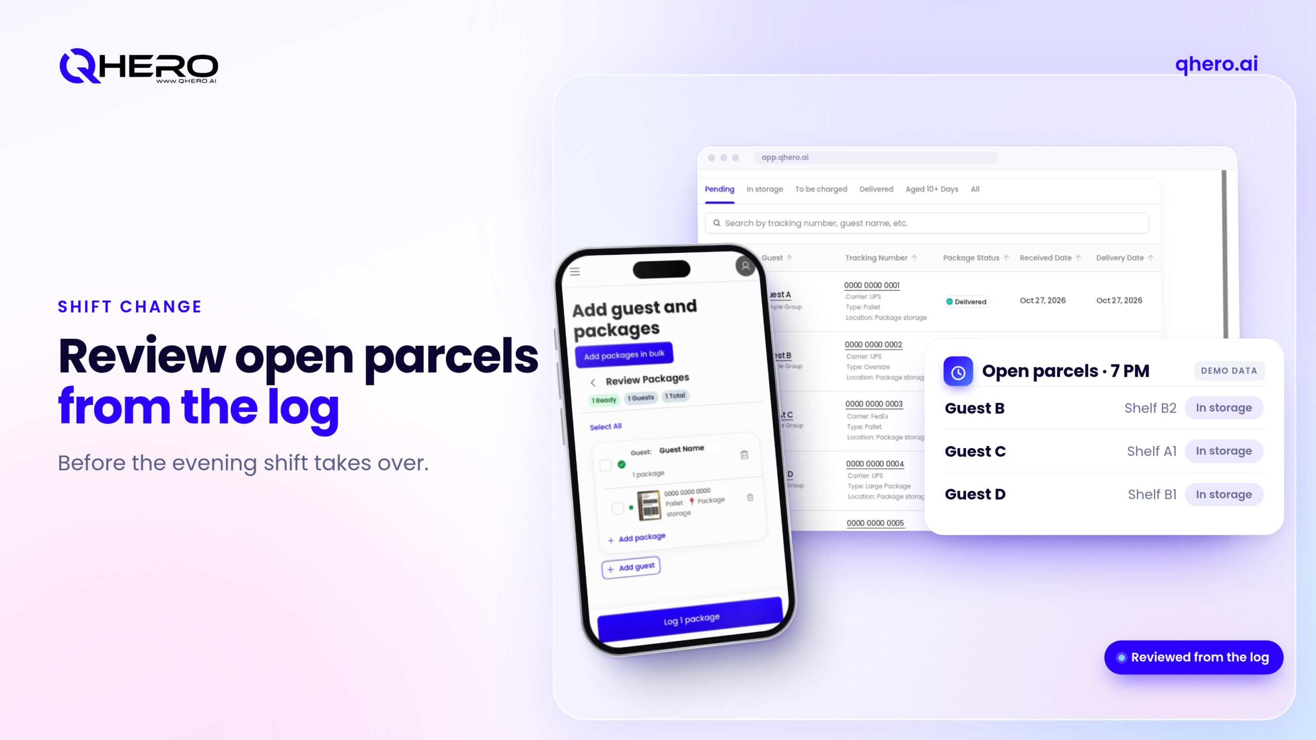 Open parcels list reviewed at evening shift change, showing each parcel and its shelf location in the package log